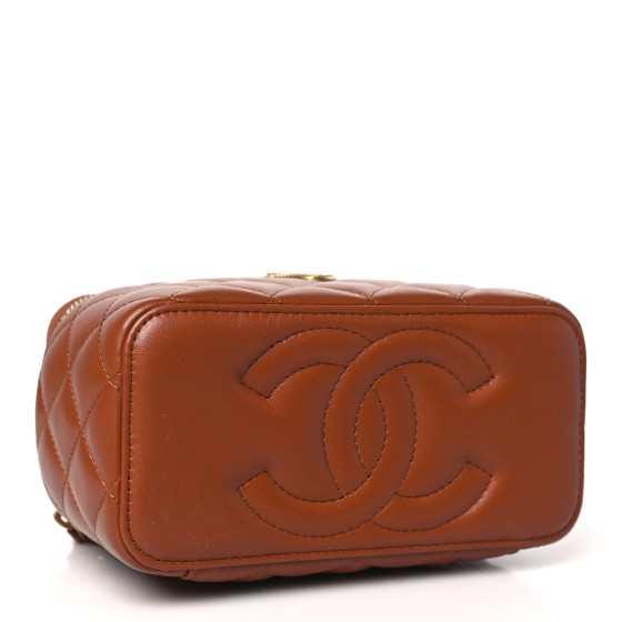 Chanel Lambskin Quilted Metal Twist Small Top Handle Vanity Case With Chain Brown