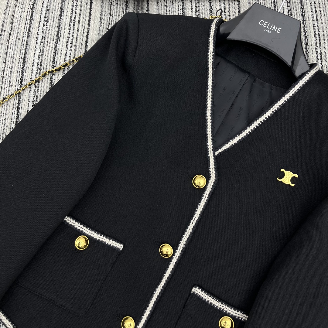 【Celine】Contrast color lace V-neck suit jacket