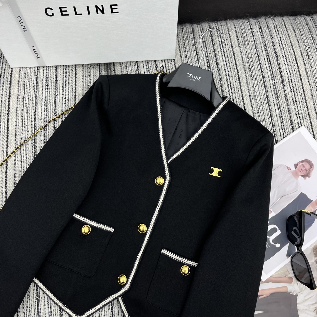 【Celine】Contrast color lace V-neck suit jacket