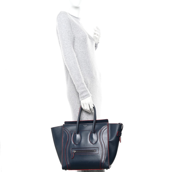 CELINE Satin Debossed Calfskin Mini Luggage Navy Blue