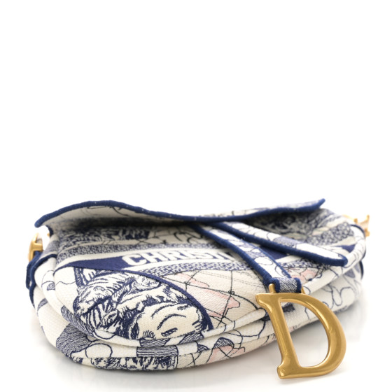 Christian Dior Canvas Embroidered Around the World Saddle Bag Blue