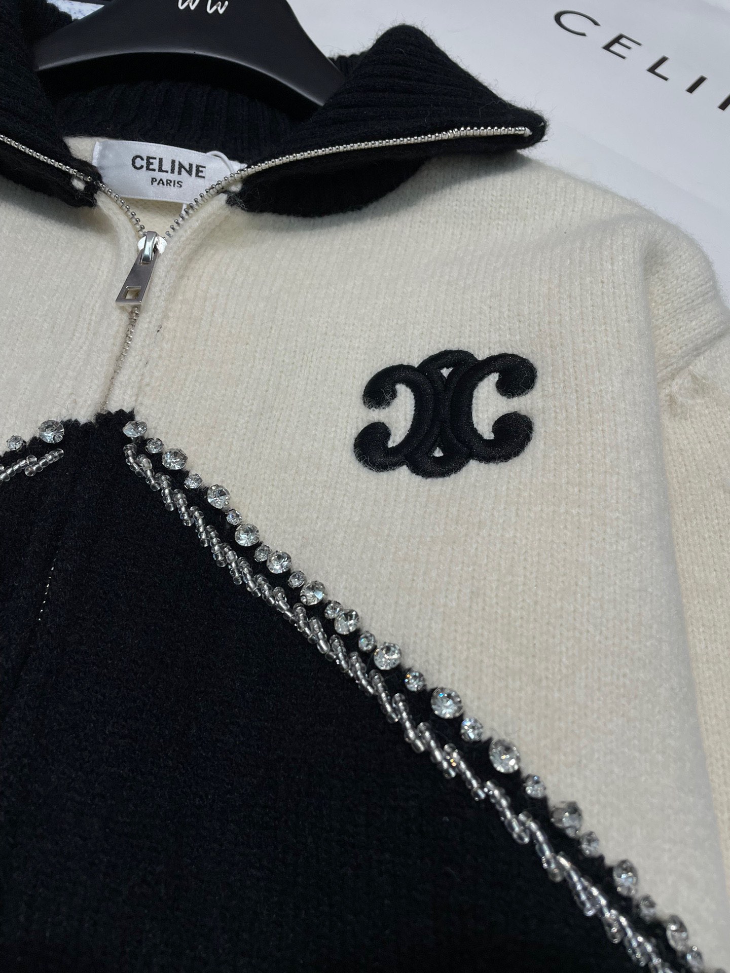 CELINE contrasting lettering heavy-duty rhinestone zipper jacket