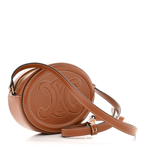 CELINE Smooth Calfskin Cuir Small Triomphe Oval Crossbody Purse Tan
