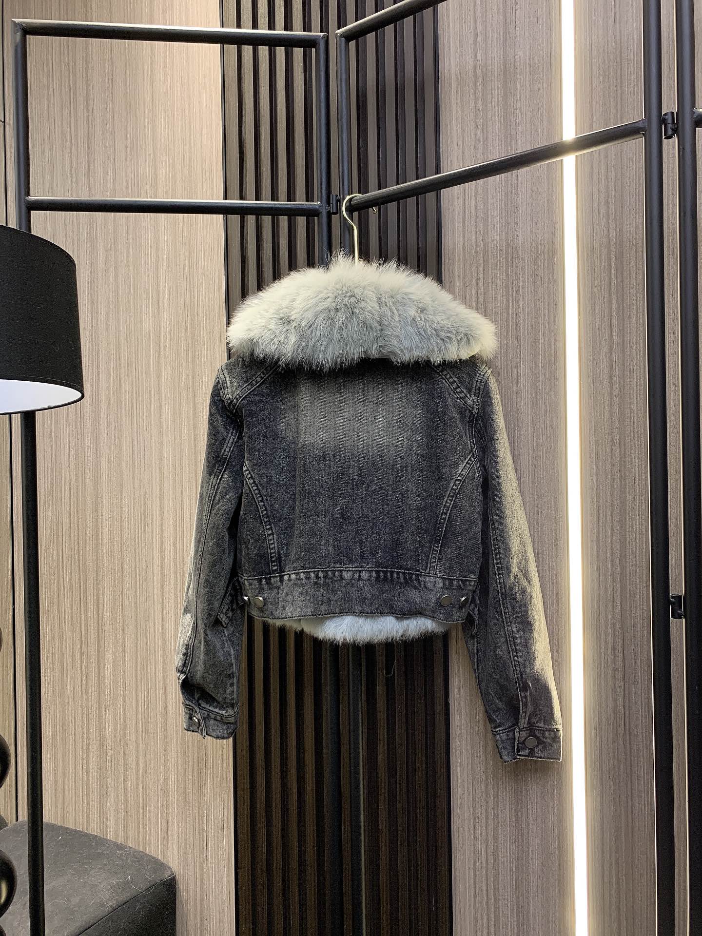 celine , denim jacket with fox fur collar