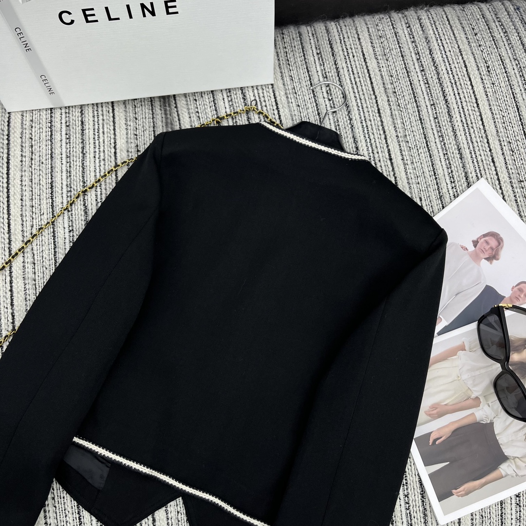 【Celine】Contrast color lace V-neck suit jacket