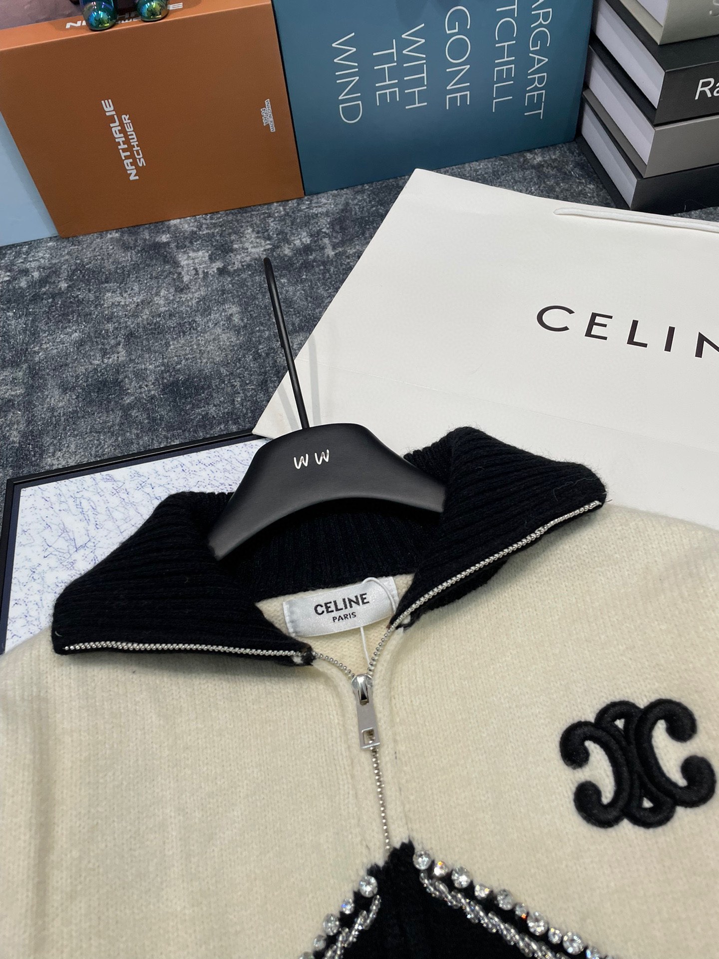 CELINE contrasting lettering heavy-duty rhinestone zipper jacket