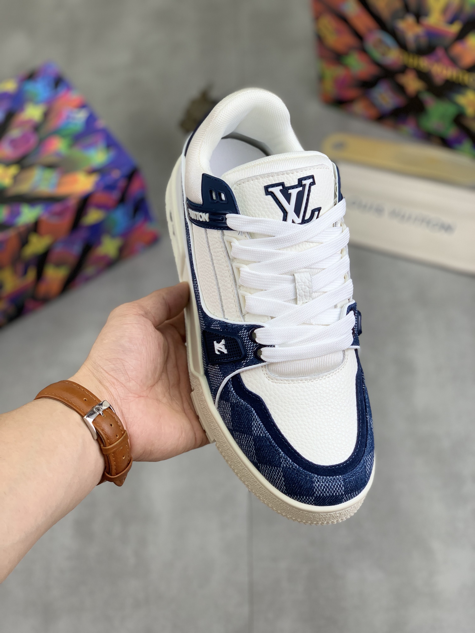 Louis Vuitton's popular white and blue checkerboard sneakers
