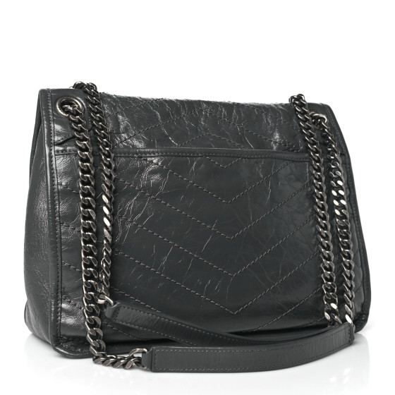 Saint Laurent Crinkled Calfskin Matelasse Monogram Medium Niki Chain Satchel Storm