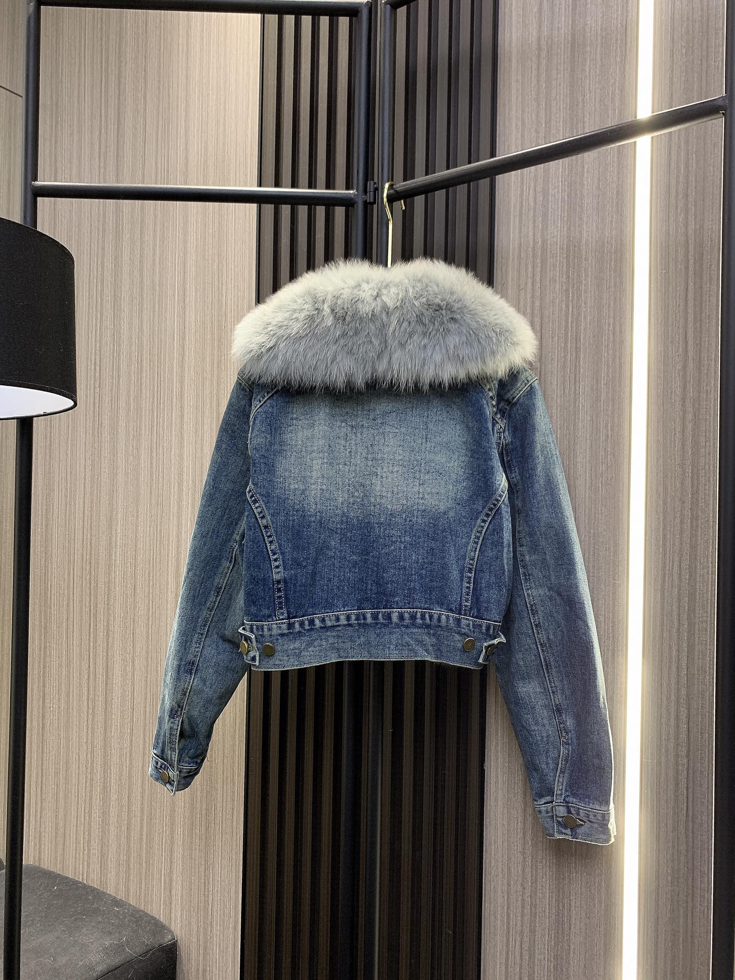 celine , denim jacket with fox fur collar