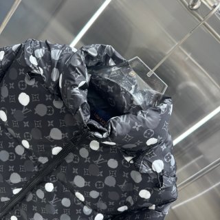 Co-branded Louis Vuitton hand-painted effect polka dot print down belted jacket