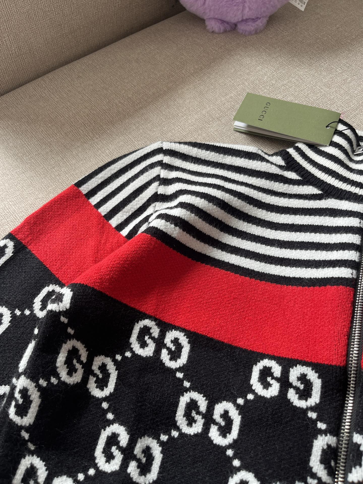 Gucci/Gucci striped contrast color half full print zipper high collar casual long sleeve sweater jacket