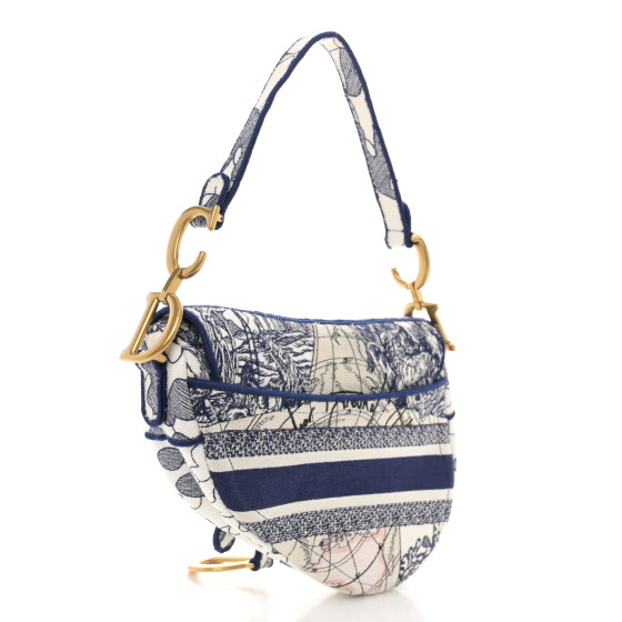 Christian Dior Canvas Embroidered Around the World Saddle Bag Blue
