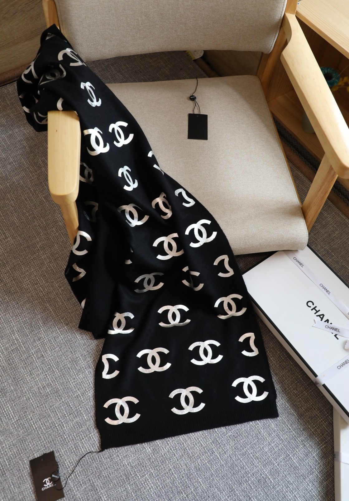 Chanel Silver Logo Tricolor Knit Scarf Black 180 cm / 71 in