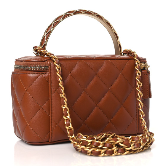 Chanel Lambskin Quilted Metal Twist Small Top Handle Vanity Case With Chain Brown