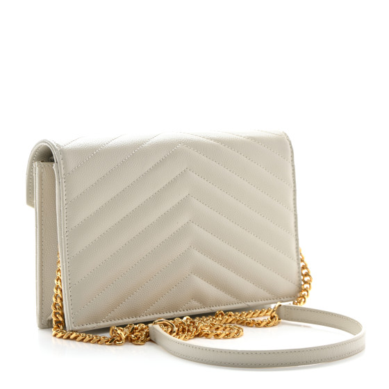Saint Laurent Grain De Poudre Matelasse Chevron Monogram Envelope Chain Wallet Crema Soft