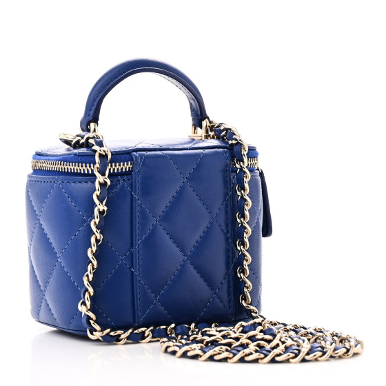 Chanel Lambskin Quilted Top Handle Mini Vanity Case With Chain Blue