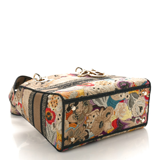 Christian Dior Canvas Embroidered Floral Medium Lady D-Lite Beige Black Multicolor