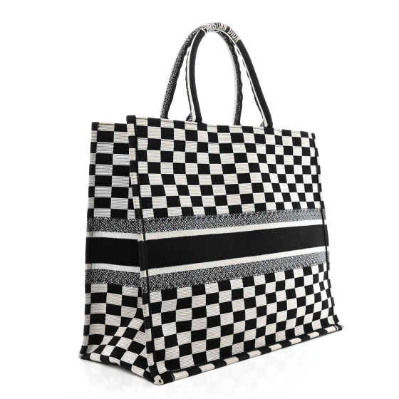 Christian Dior Canvas Embroidered Checkered Book Tote Black White