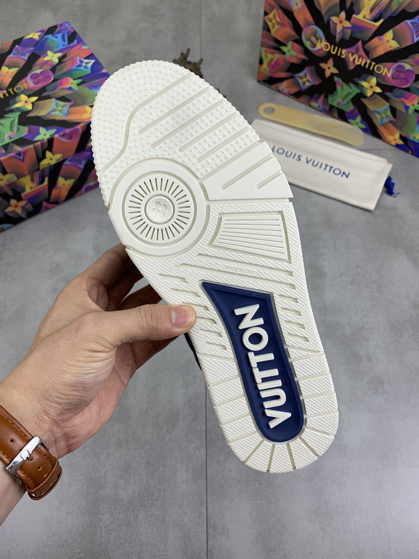 Louis Vuitton's popular white and blue checkerboard sneakers