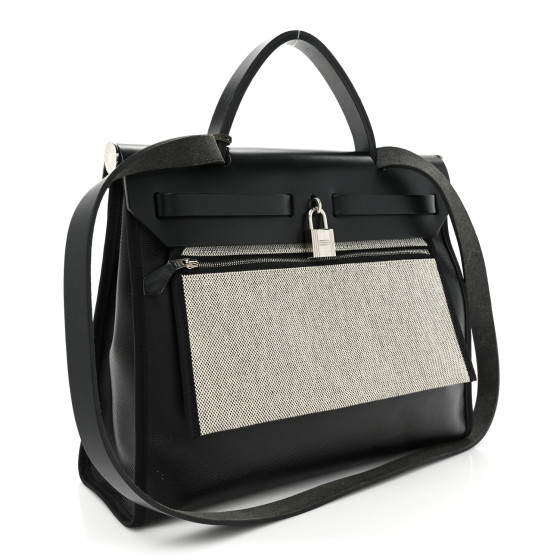 HERMES Toile H Berline Vache Hunter Herbag Zip PM 31 Black Ecru