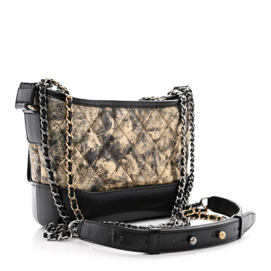 Chanel Metallic Crumpled Goatskin Quilted Small Gabrielle Hobo Black Gold