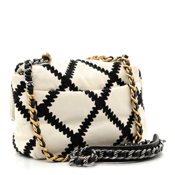 Calfskin Crochet Medium Chanel 19 Flap White Black