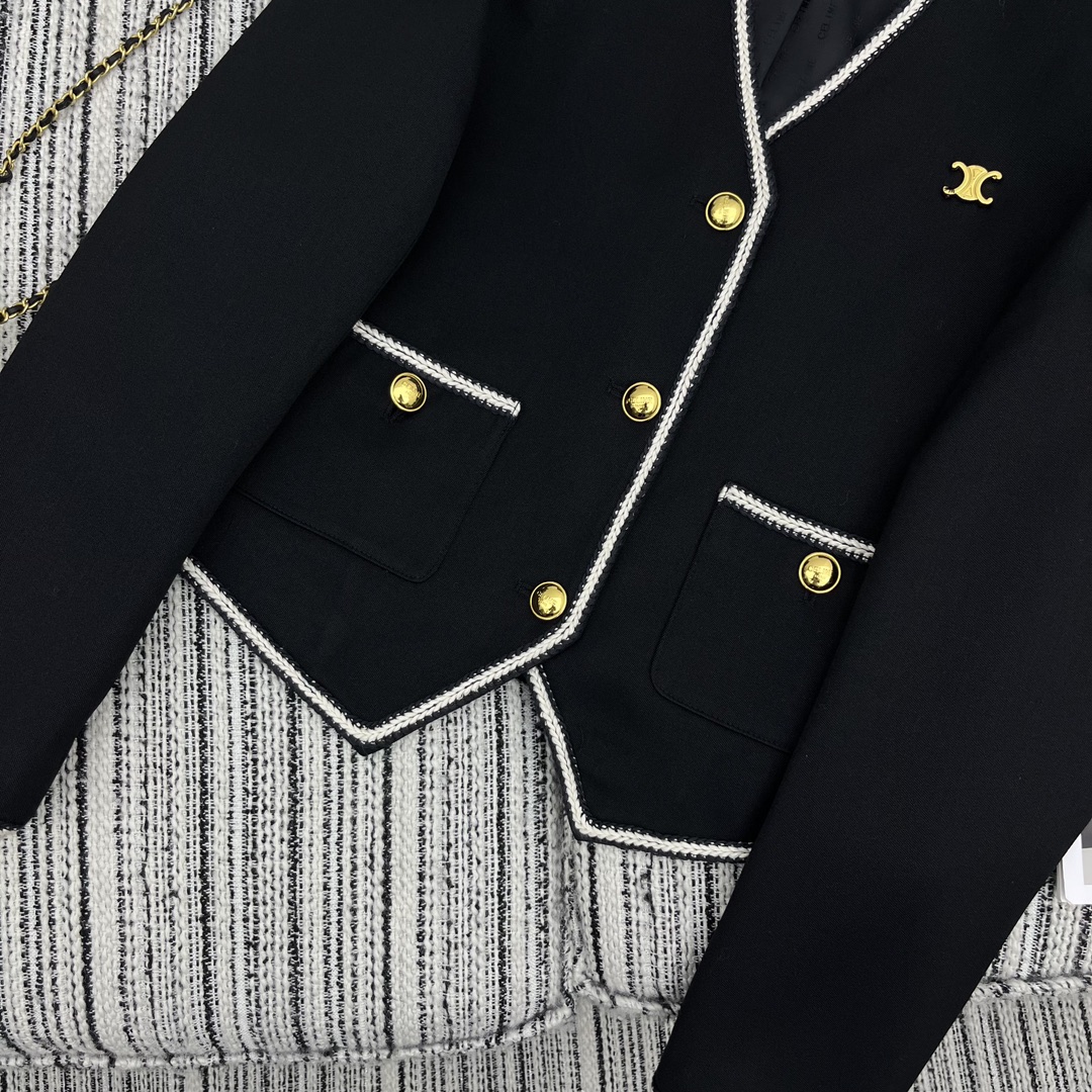 【Celine】Contrast color lace V-neck suit jacket