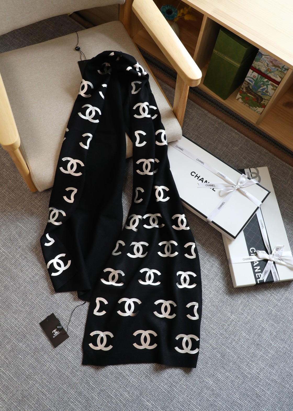 Chanel Silver Logo Tricolor Knit Scarf Black 180 cm / 71 in