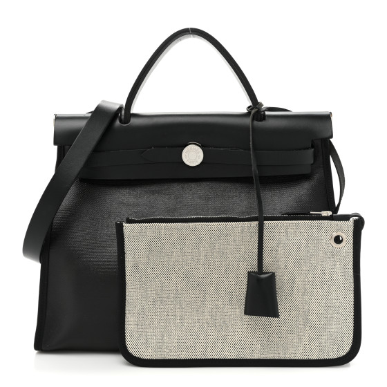 HERMES Toile H Berline Vache Hunter Herbag Zip PM 31 Black Ecru