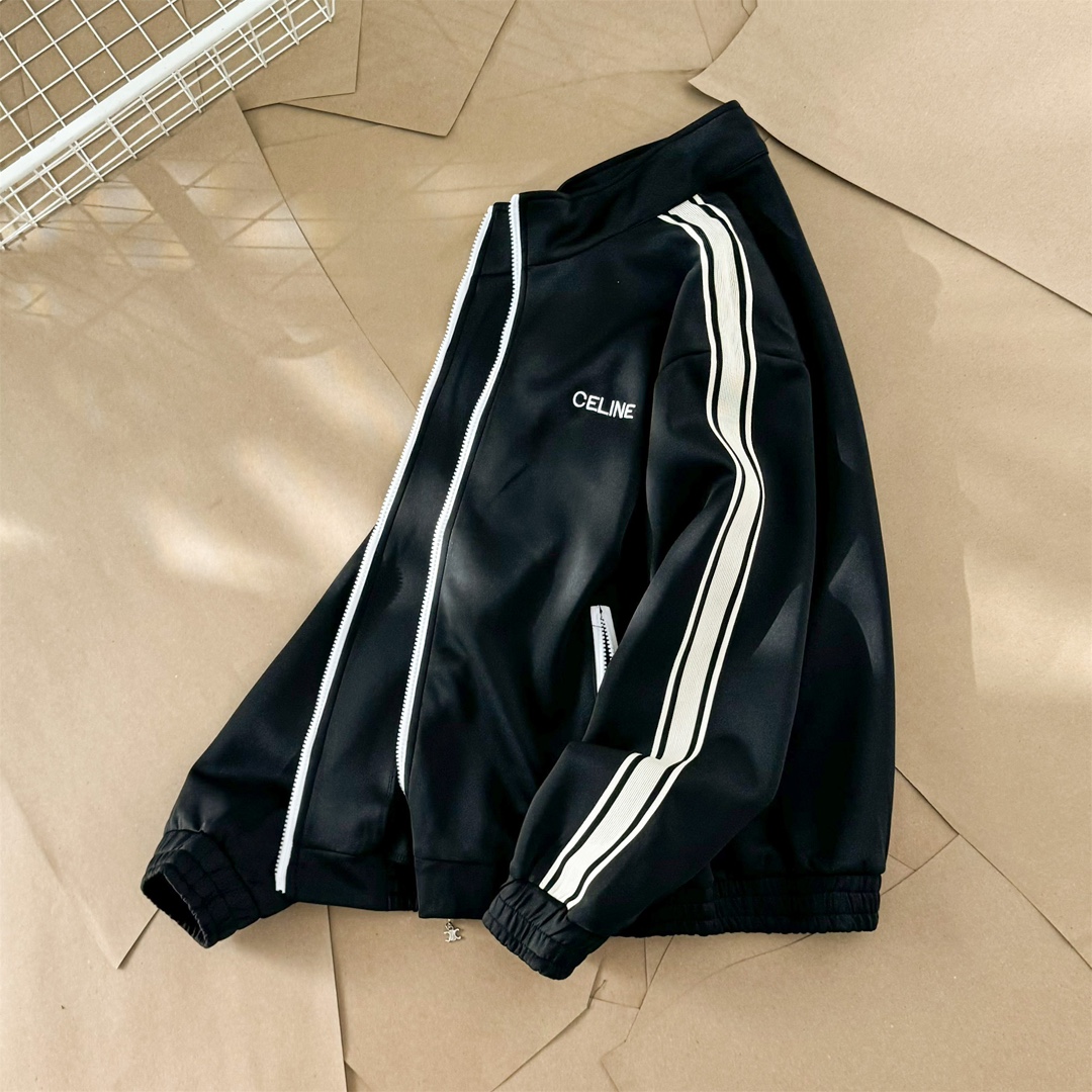 CELINE 2024 Autumn and Winter Latest Retro Sports Embroidery Ribbon Suit - Top Zipper Jacket Sweatshirt