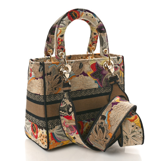 Christian Dior Canvas Embroidered Floral Medium Lady D-Lite Beige Black Multicolor