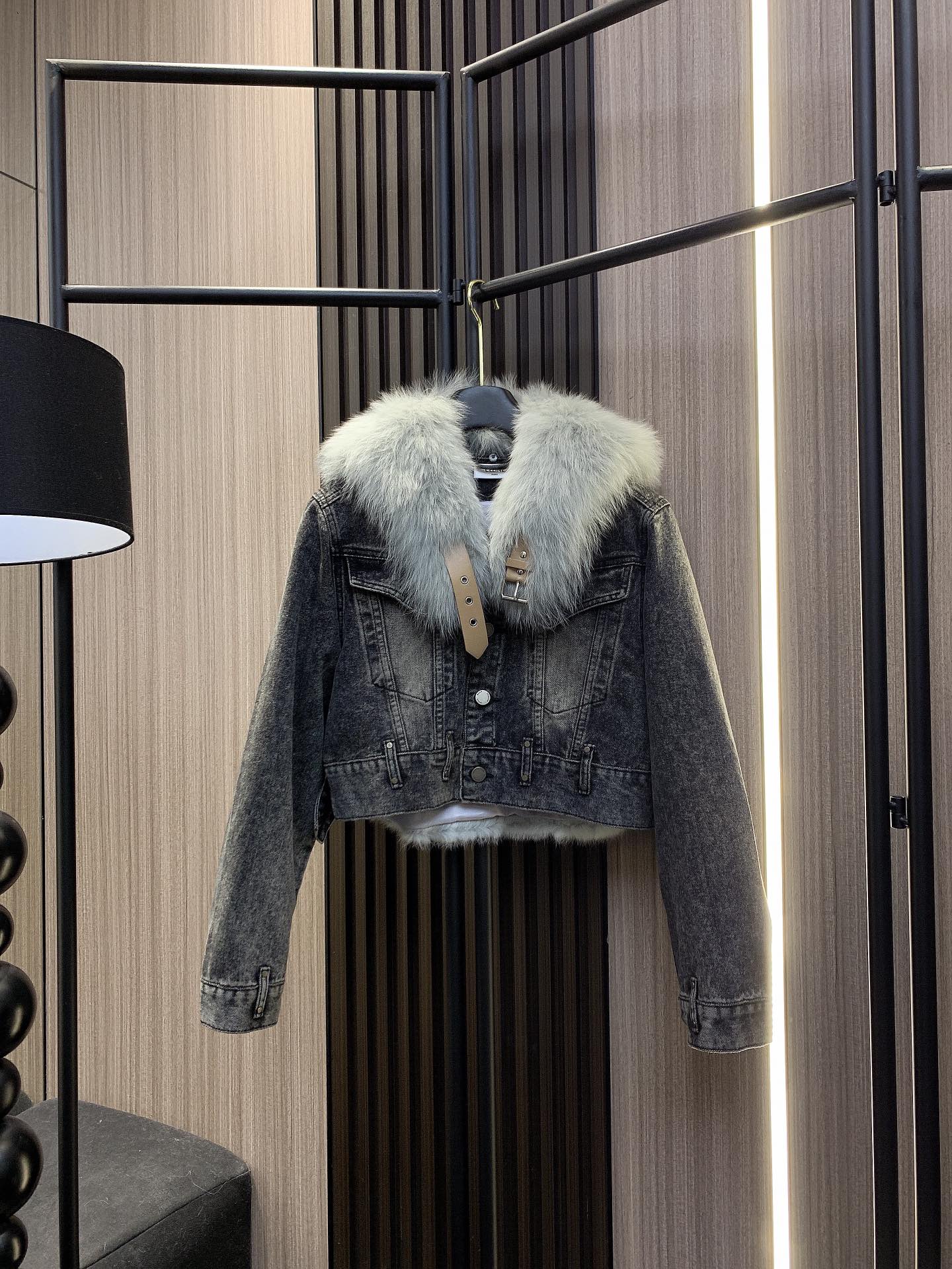 celine , denim jacket with fox fur collar