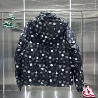 Co-branded Louis Vuitton hand-painted effect polka dot print down belted jacket