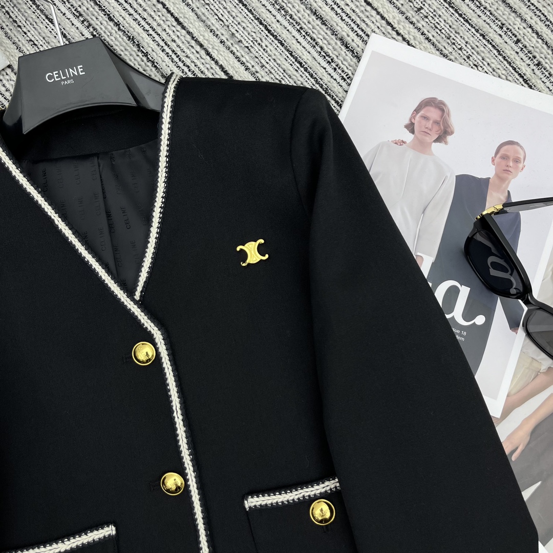 【Celine】Contrast color lace V-neck suit jacket