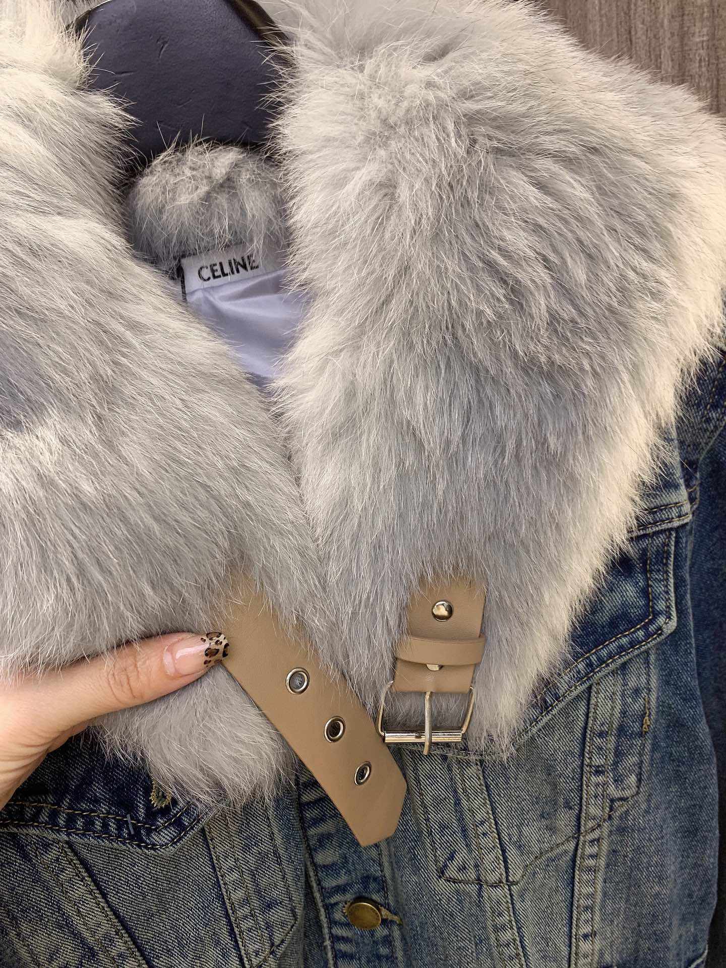 celine , denim jacket with fox fur collar