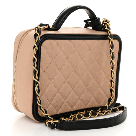 Caviar Quilted Medium CC Filigree Vanity Case Beige Black