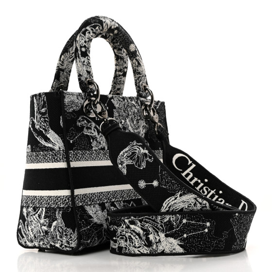 Christian Dior Canvas Embroidered Zodiac Toile De Jouy Medium Lady D-Lite Black
