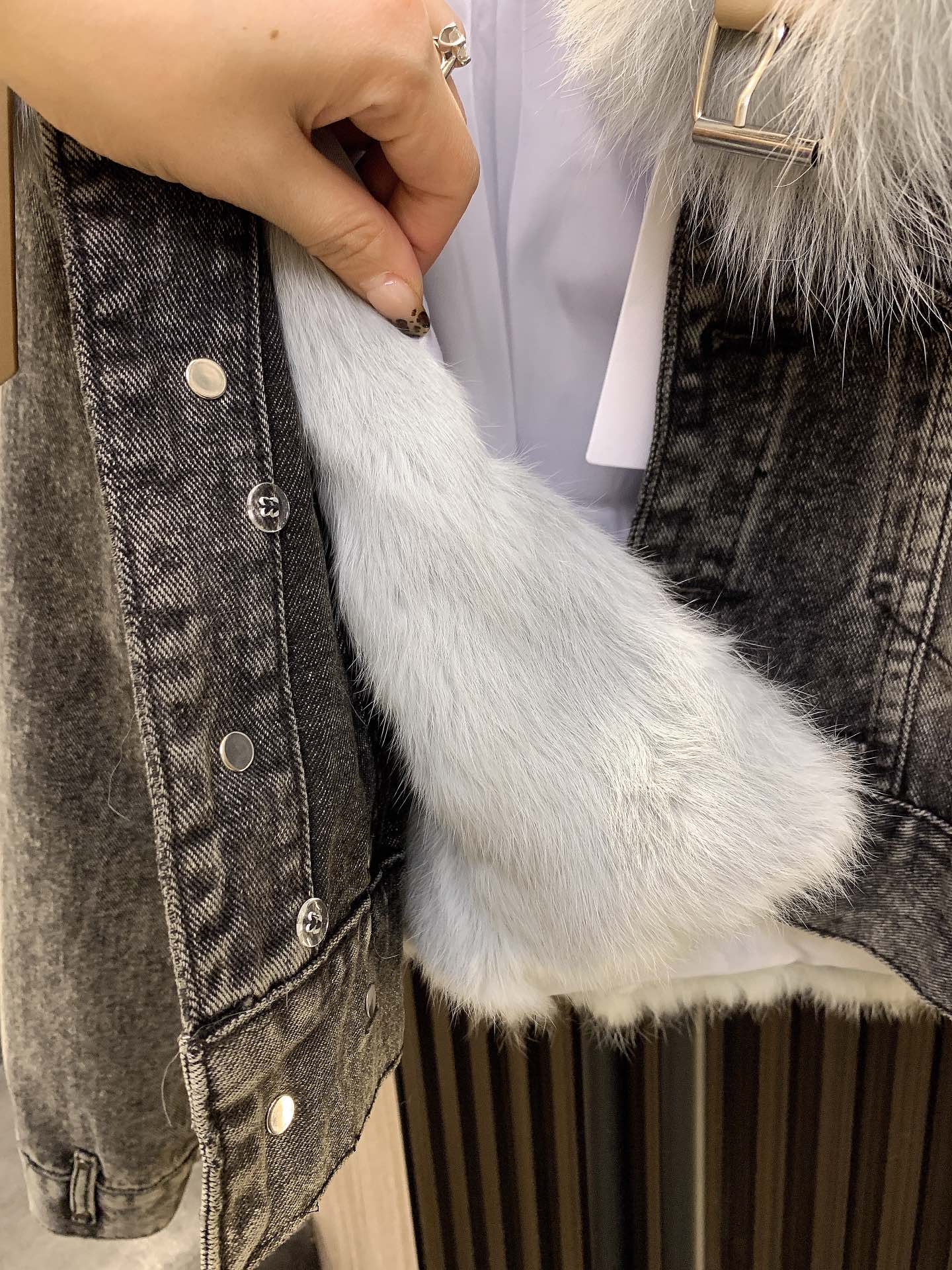 celine , denim jacket with fox fur collar