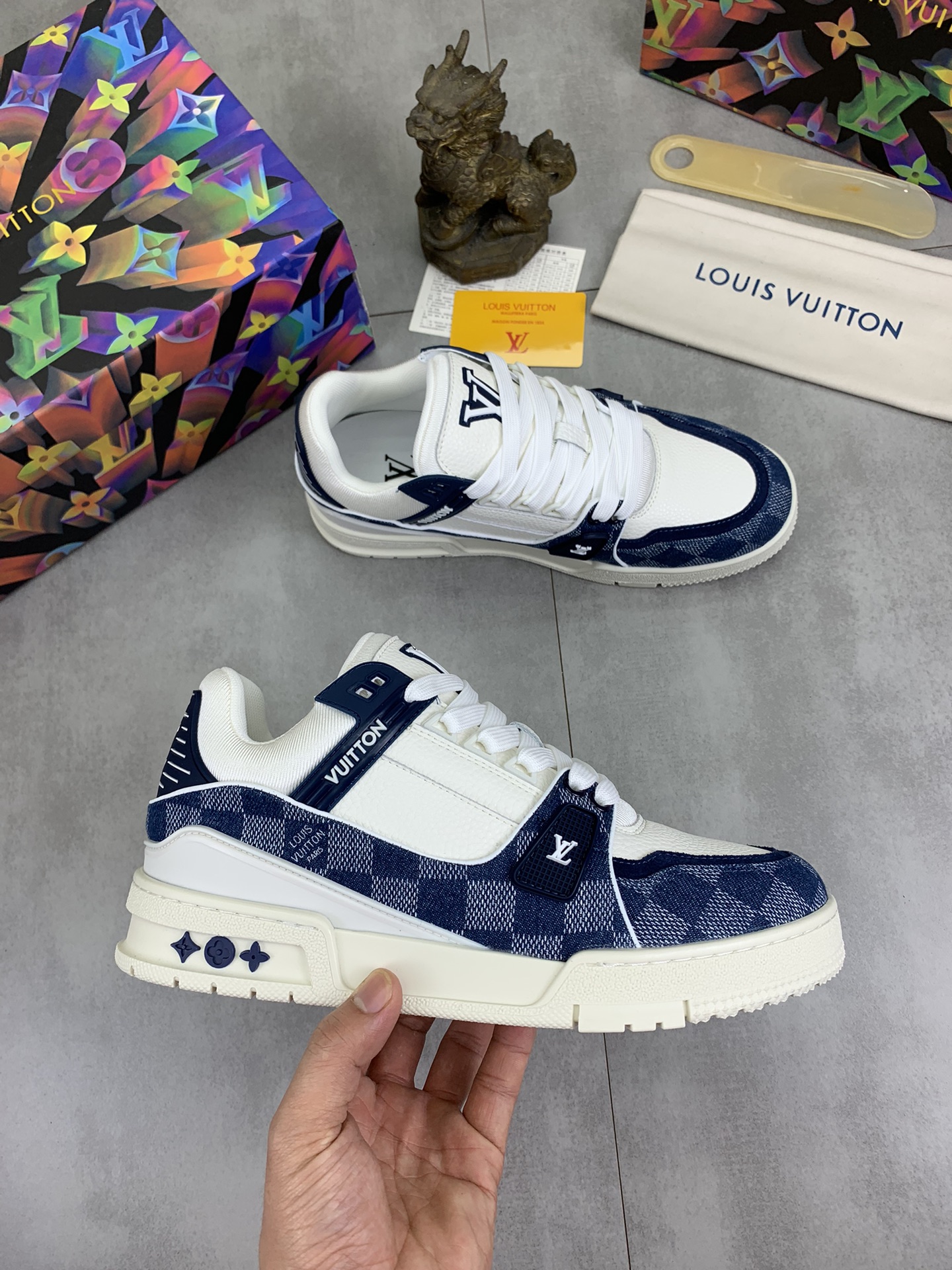Louis Vuitton's popular white and blue checkerboard sneakers