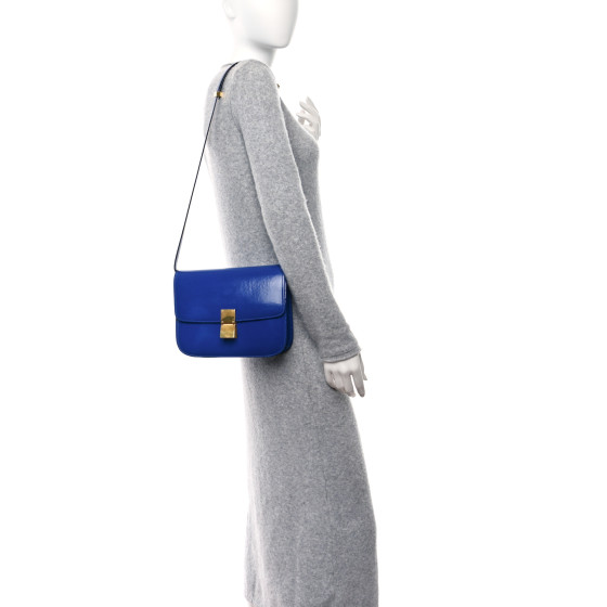 CELINE Spazzolato Calfskin Medium Classic Box Flap Bag Blue