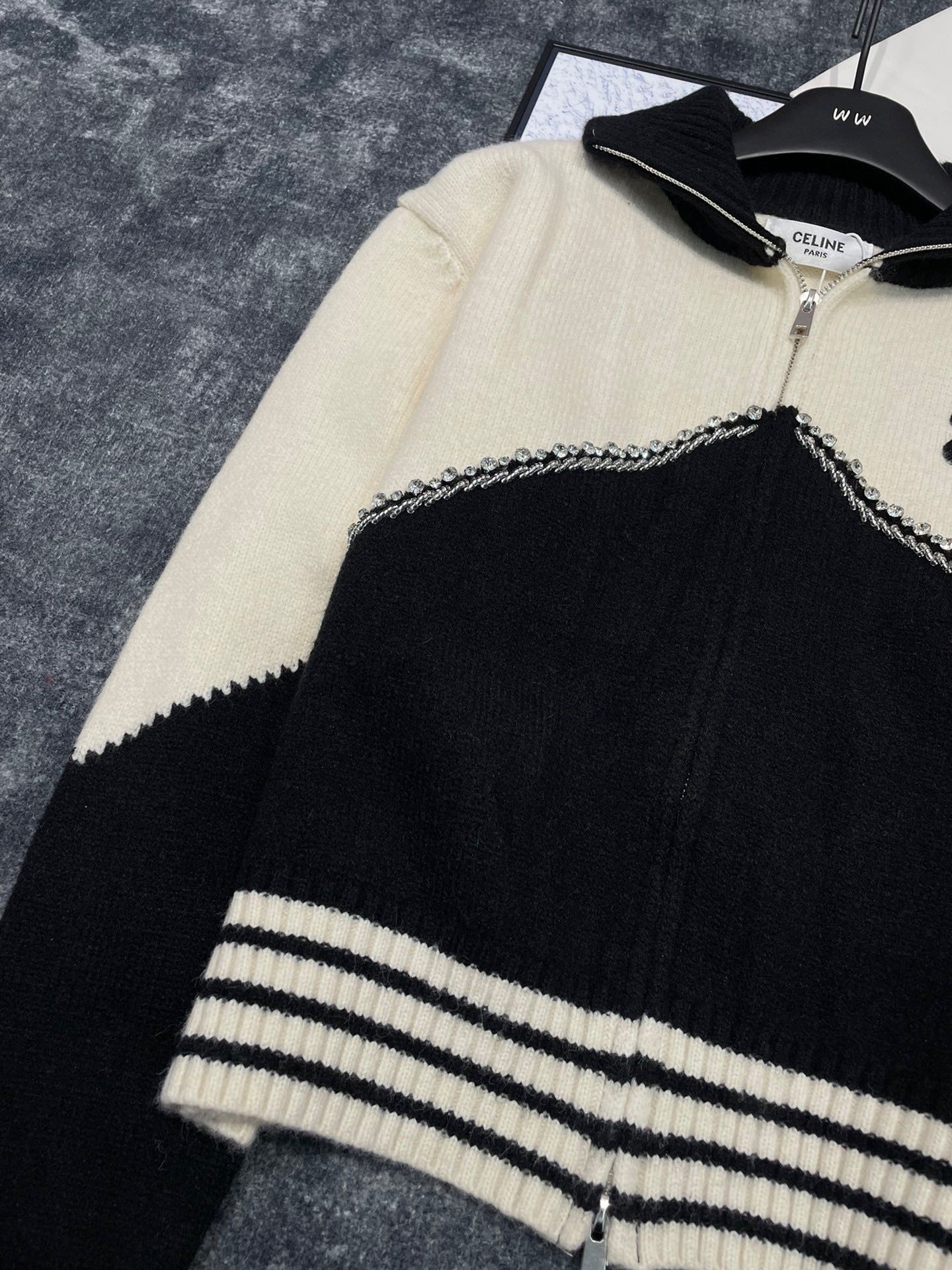 CELINE contrasting lettering heavy-duty rhinestone zipper jacket