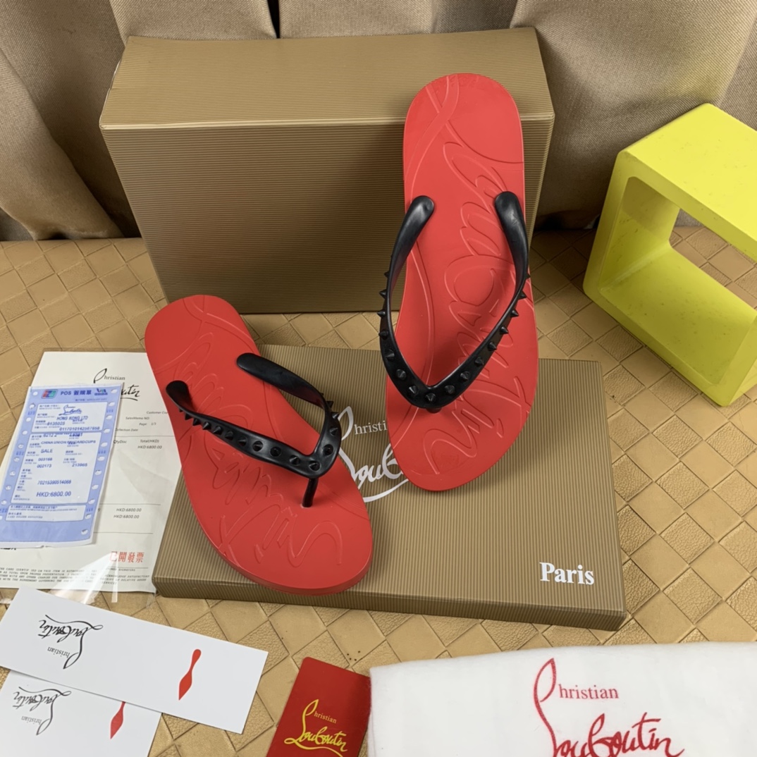 ChristanLouboutin red bottom slippers sandals calf strap decorative studs