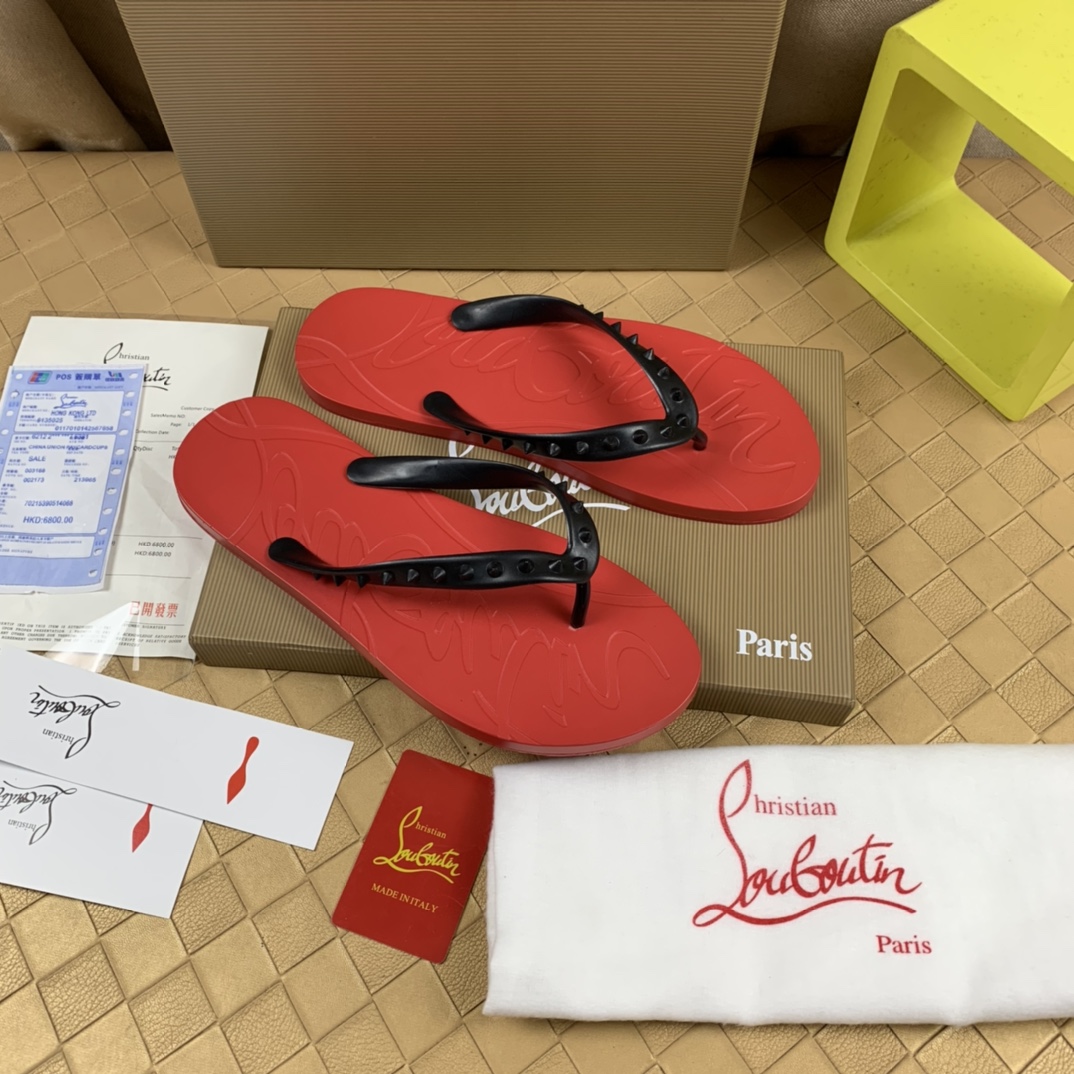 ChristanLouboutin red bottom slippers sandals calf strap decorative studs