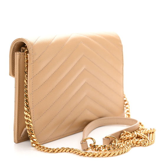 Saint Laurent Grain De Poudre Matelasse Chevron Monogram Envelope Chain Wallet Nude Powder