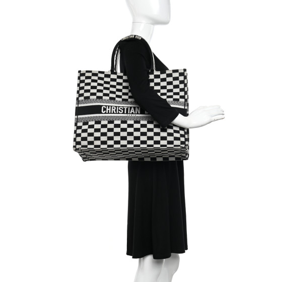 Christian Dior Canvas Embroidered Checkered Book Tote Black White