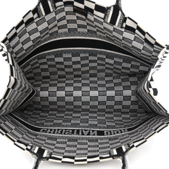 Christian Dior Canvas Embroidered Checkered Book Tote Black White