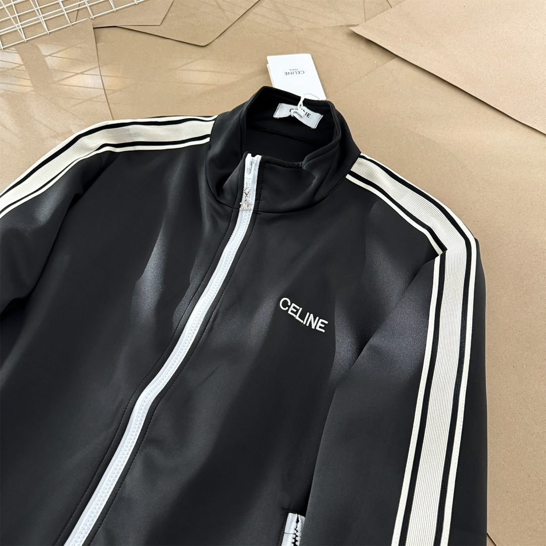 CELINE 2024 Autumn and Winter Latest Retro Sports Embroidery Ribbon Suit - Top Zipper Jacket Sweatshirt