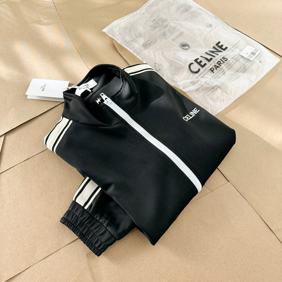 CELINE 2024 Autumn and Winter Latest Retro Sports Embroidery Ribbon Suit - Top Zipper Jacket Sweatshirt
