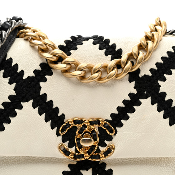 Calfskin Crochet Medium Chanel 19 Flap White Black