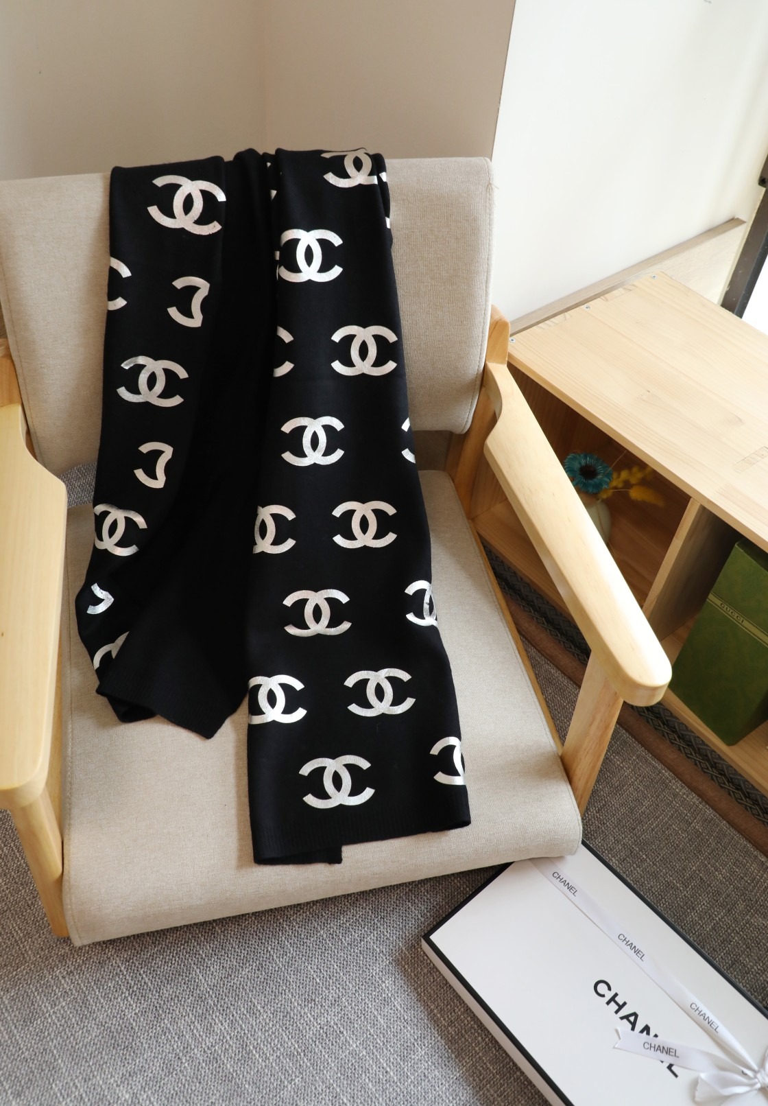 Chanel Silver Logo Tricolor Knit Scarf Black 180 cm / 71 in